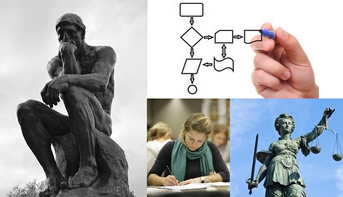 Collage of images of thinker, process, study, law.
